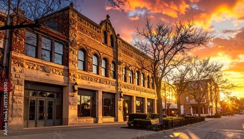 Historic brick buildings line a street under a vibrant sunset. A bare tree frames the scene. Golden light bathes the architecture