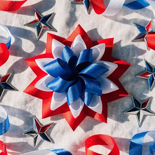 Patriotic starburst ribbon decoration with scattered stars and ribbons