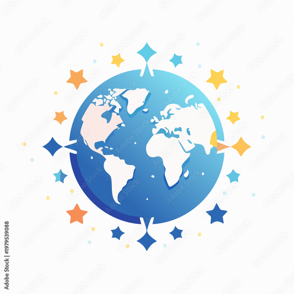 Naklejka premium Stylized illustration of the Earth globe surrounded by sparkling stars on a clean white background.