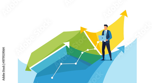 Businessman with laptop on upward trending graph, business growth concept
