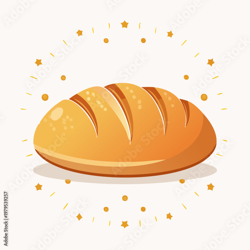 Freshly baked golden brown loaf of bread illustration with decorative elements on a light background.