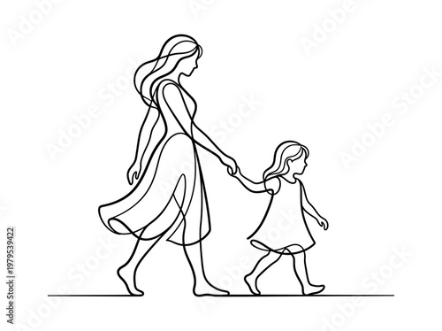 Continuous Line Art Drawing of Mother and Daughter Walking Together Hand in Hand, Minimalist Vector Illustration of Family Love and Connection on White Background