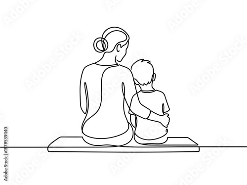 Continuous Line Drawing of Mother and Son Sitting Together on a Bench, Minimalist One Line Art of Motherhood and Family Bond