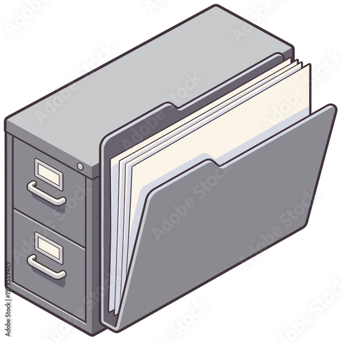 Isometric Office Filing Cabinet and Large Document Folder Illustration for Data Storage and Business Organization