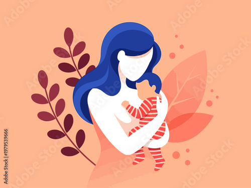 Flat Vector Illustration of a Loving Mother Holding a Newborn Baby, Concept of Motherhood, Parenting, and Care with Botanical Elements on Peach Background