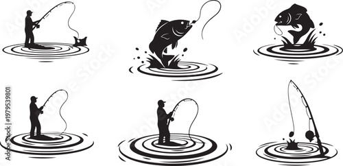 Silhouette of man fishing in water vector set