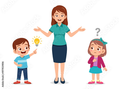 Cartoon Teacher Explaining to Students with Boy Having an Idea and Girl Feeling Confused, Education and Learning Concept Vector Illustration