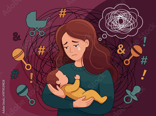 Postpartum Depression Concept: Overwhelmed Mother Holding Baby with Mental Health Struggle and Chaotic Thoughts Illustration