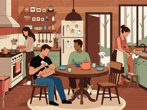 Diverse family lifestyle in a cozy rustic kitchen flat illustration