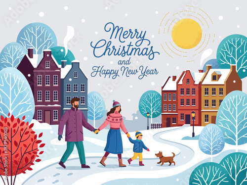 Merry Christmas and Happy New Year Illustration of a Family Walking in a Snowy Winter Town with Dog