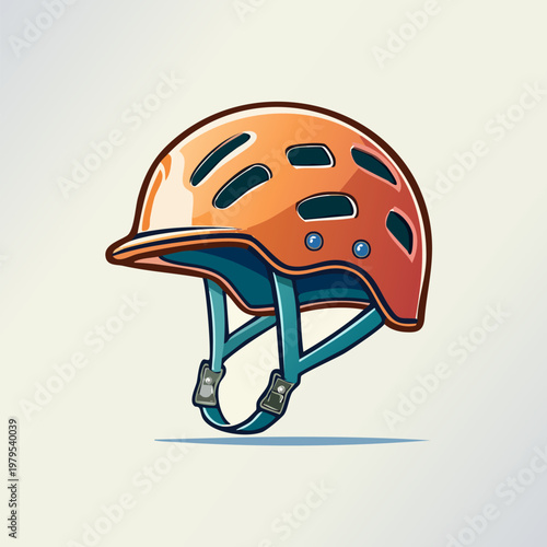 A vibrant orange safety helmet with blue straps and ventilation holes, designed for head protection during various activities.