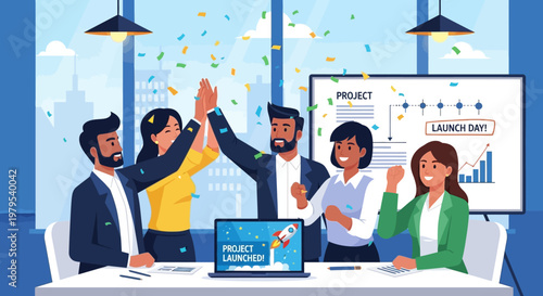 Team celebrating successful project launch with confetti and high fives at office