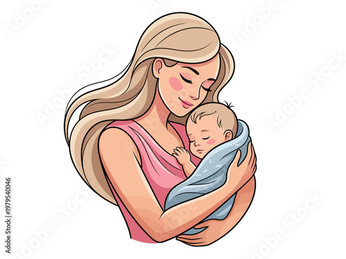 Vector Illustration of a Loving Mother Cradling a Sleeping Newborn Baby