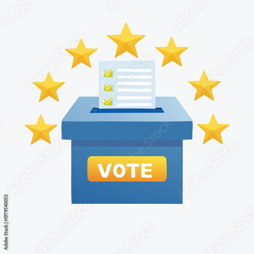 Illustration of a ballot box with a voting paper and stars, representing election and democracy.