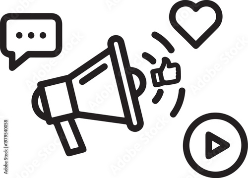 Social media icons, megaphone, chat bubble, heart, like button, play button, vector graphics