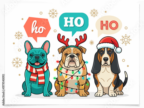 Christmas Dogs Illustration with French Bulldog, English Bulldog, and Basset Hound in Santa Hat and Reindeer Antlers, Ho Ho Ho Holiday Greeting Card Vector