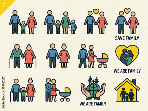 Comprehensive Vector Set of Family Icons, Parent and Child Symbols, Couple, Senior Citizens, and Protection Concepts for Infographics and Social Media
