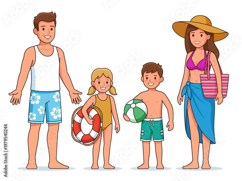 Happy family in beachwear with summer vacation accessories, vector illustration