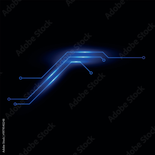Circuit board component, abstract blue glowing circuit lines and nodes, computer processor CPU vector digital technology