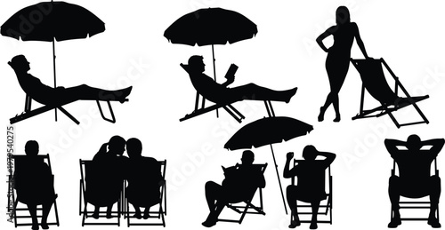 People Silhouette Set Featuring Men and Women Relaxing on Beach Chairs under Umbrellas, Reading Books, and Sunbathing Isolated on White Background for Summer Vacation Design
