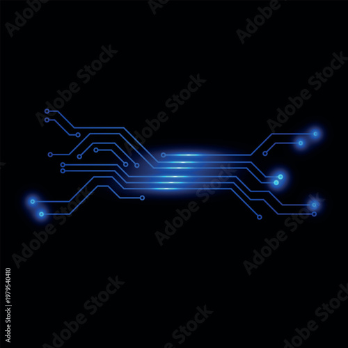 Printed circuit board traces, neon blue glowing lines and dots, on a black isolated background.