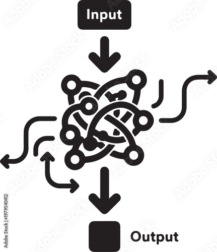 Complex system flowchart, input output process diagram, black and white vector illustration, business workflow chart