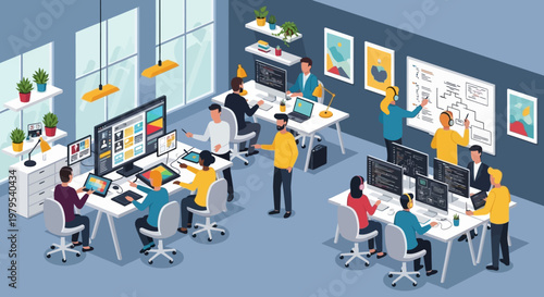 Modern Office Team Working Together on Computers in a Bright, Open Workspace