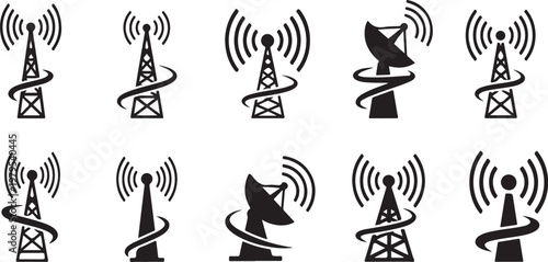 Black and white radio tower icons with signals