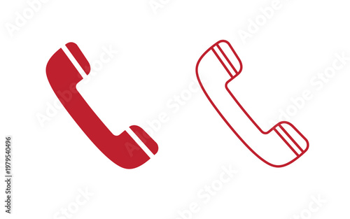 Red telephone handset one filled and one outlined, on white background, symbol