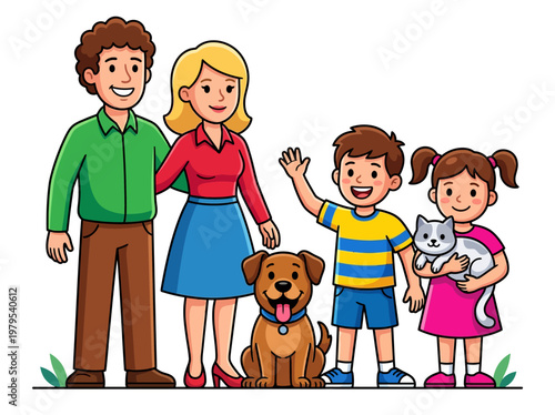 Happy Family Portrait with Parents, Children, Dog and Cat Cartoon Illustration Vector