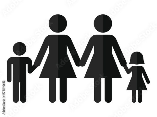 Same-Sex Family Silhouette Icon, Lesbian Couple with Two Children Holding Hands, LGBTQ+ Diversity and Inclusion Concept Flat Vector Illustration