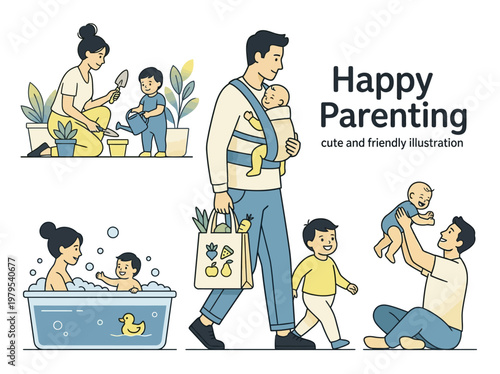 Happy Parenting Illustration Set Featuring Modern Family Life Scenes, Gardening, Bath Time, and Shopping with Kids