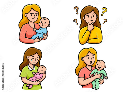 Cartoon Motherhood Emotions Illustration Set for Maternal Mental Health Awareness