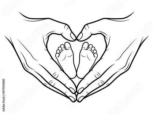 Minimalist Line Art Illustration of Hands Forming a Heart Shape Around Newborn Baby Feet - Symbol of Parental Love and Protection