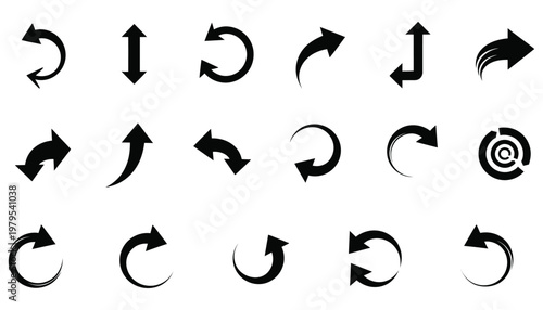 Collection of various black and white arrow and circular arrow icons