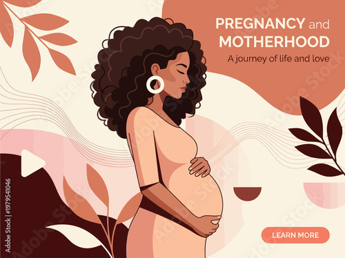 Beautiful Vector Illustration of a Pregnant Black Woman with Curly Hair, Concept for Maternity Care, Motherhood, and Prenatal Wellness Banner