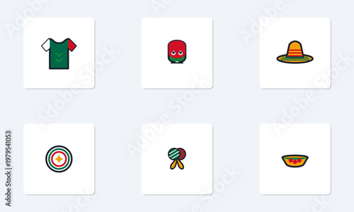 Hand-drawn collection of Mexican soccer fan icons featuring green jersey sombrero mask maracas bowl and ball authentic illustration