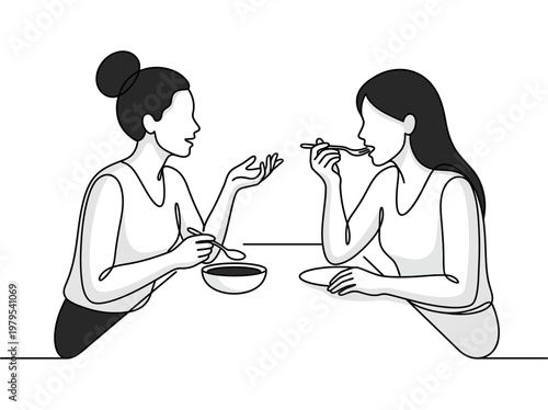 Two Women Having a Conversation While Eating Lunch or Dinner Minimalist One Line Art Illustration