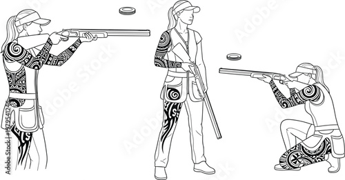 Clay Pigeon Shooting Icon Set Featuring Female Shooter Silhouettes in Action Poses for Sport, Competition, and Outdoor Activity Illustrations