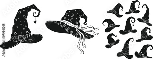 Wizard Hat Icon Set Featuring Silhouettes of Magical Hats with Stars, Ribbons, and Curled Brims for Fantasy, Magic, and Halloween Illustrations