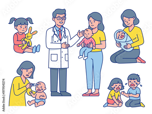 Pediatrician and Mother with Children Vector Illustration Set. Male Doctor, Sick Baby Crying, Fever Check, and Healthcare Concepts for Pediatric Clinic and Parenting.