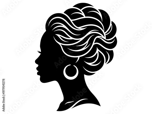 Elegant Silhouette of a Woman Profile with Intricate Wavy Updo Hairstyle and Hoop Earrings
