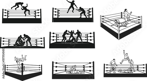 Wrestling Match Icon Set Featuring Silhouettes of Fighters, Action Poses, and Wrestling Ring Scenes for Sports, Combat, and Athletic Illustrations