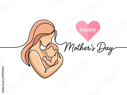 Minimalist Mother's Day Greeting Card with One Line Art Illustration of Mother Holding Baby and Pink Heart