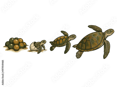 Sea Turtle Life Cycle Illustration Showing Stages from Eggs to Hatchling to Adult, Marine Biology Concept Art on White Background