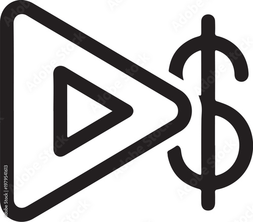 play button, dollar sign, monetization icon, video earnings, black vector symbol