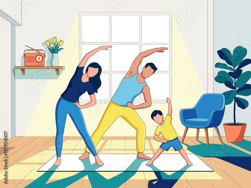 Happy Family Doing Yoga Exercises and Stretching Together at Home, Flat Vector Illustration for Wellness Concept