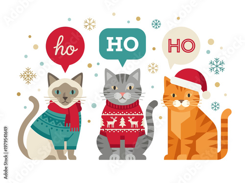 Three Cute Christmas Cats in Festive Sweaters and Santa Hat Vector Illustration