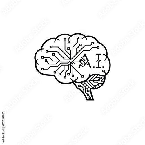 A black and white illustration of a brain with circuit boards and AI symbols