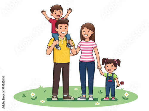 Happy Family Illustration: Father Carrying Son on Shoulders and Mother Holding Daughter's Hand in a Flower Meadow